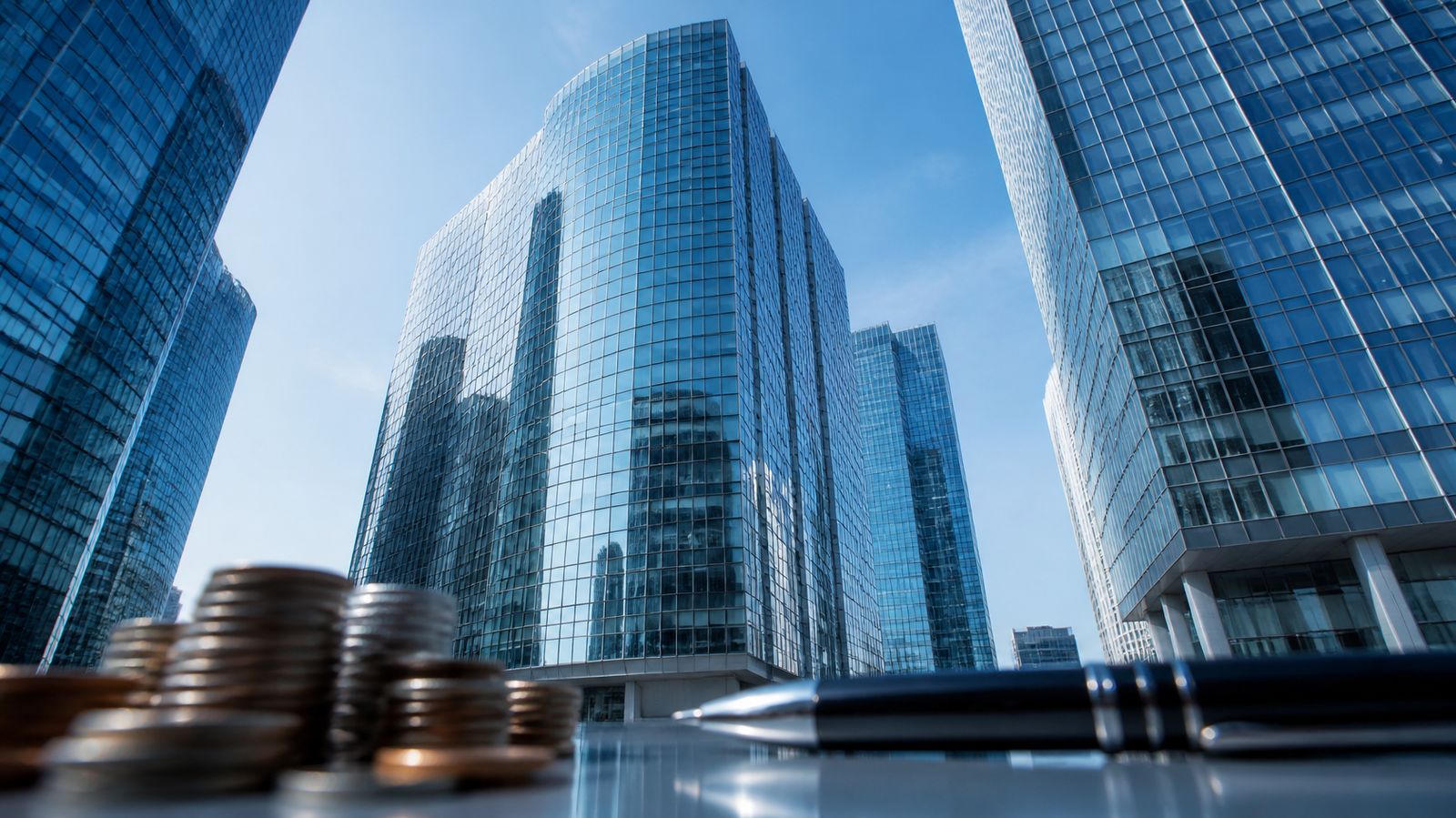 Glasfasader på höga kontorsbyggnader i ett finansdistrikt med mynt och en reservoarpenna i förgrunden