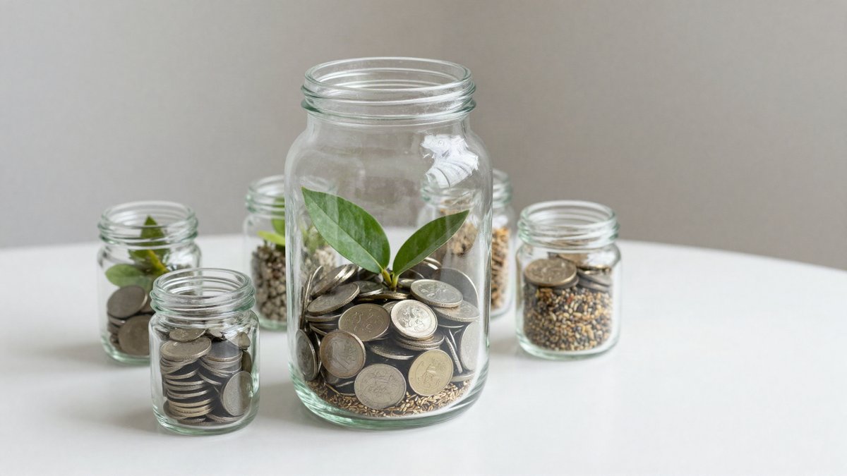 En stor glasburk med mynt och en grön planta omgiven av mindre burkar med mynt och frön