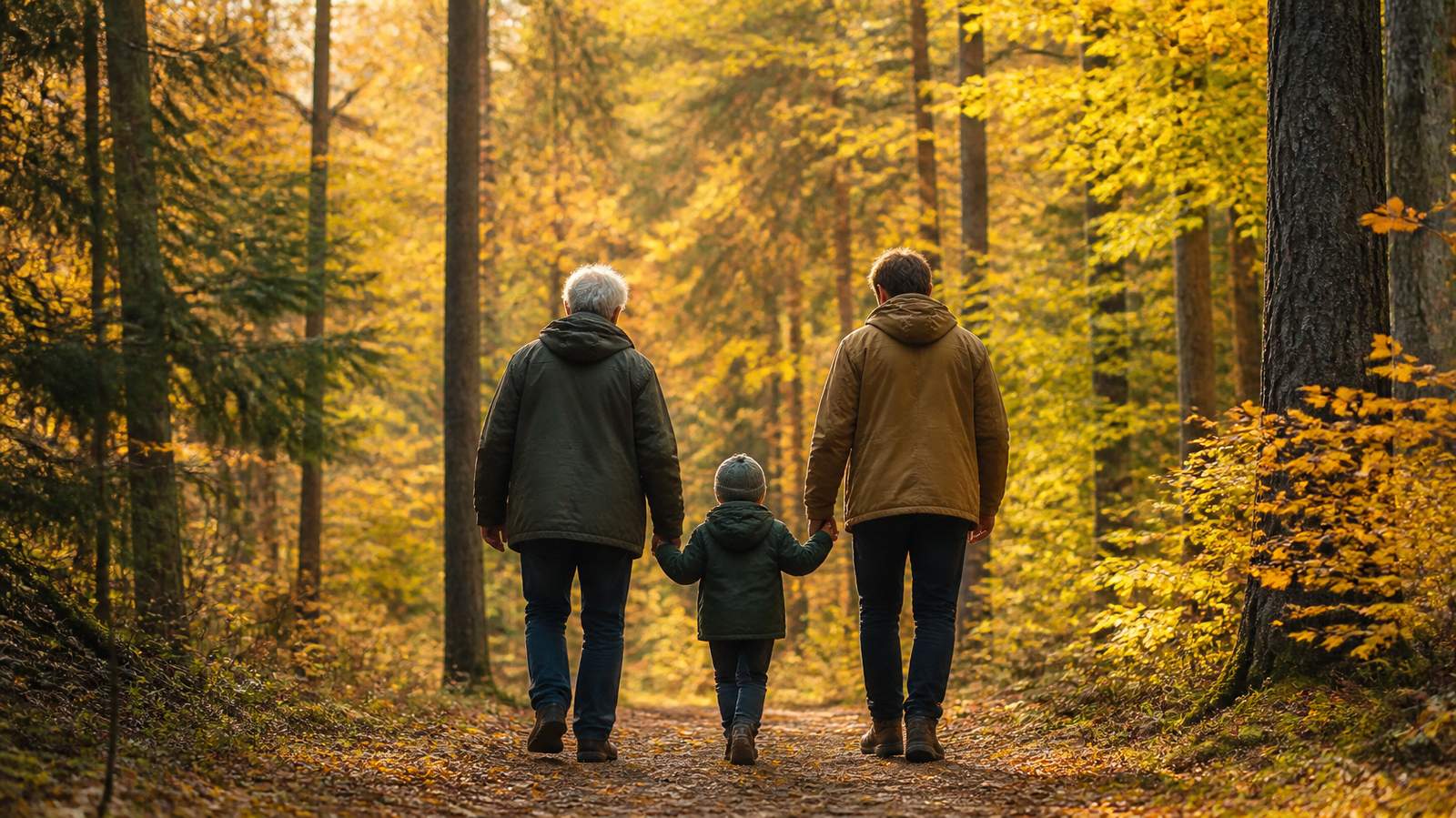 Tre generationer går tillsammans på en stig genom en höstskog med gula löv