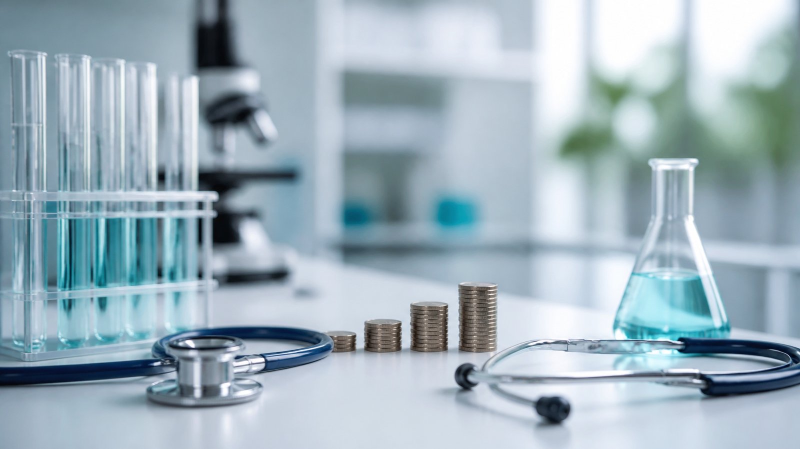 Provrör, stetoskop och små staplar av mynt på en vit laboratoriebänk i ljust blått ljus