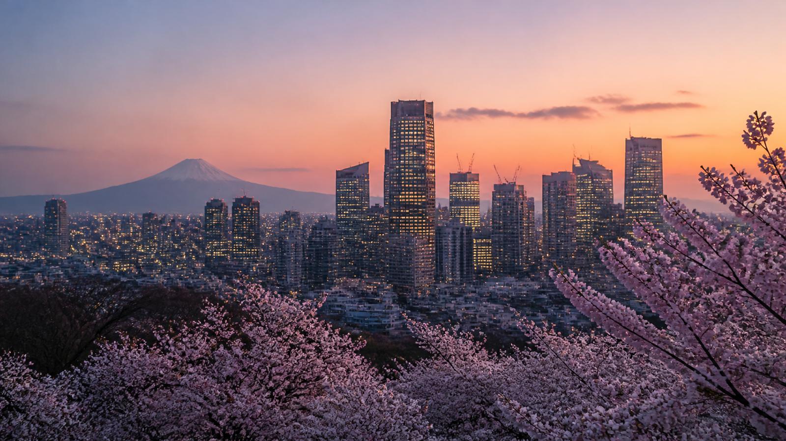 Tokyos skyline i skymningen med berget Fuji i bakgrunden och blommande körsbärsträd i förgrunden