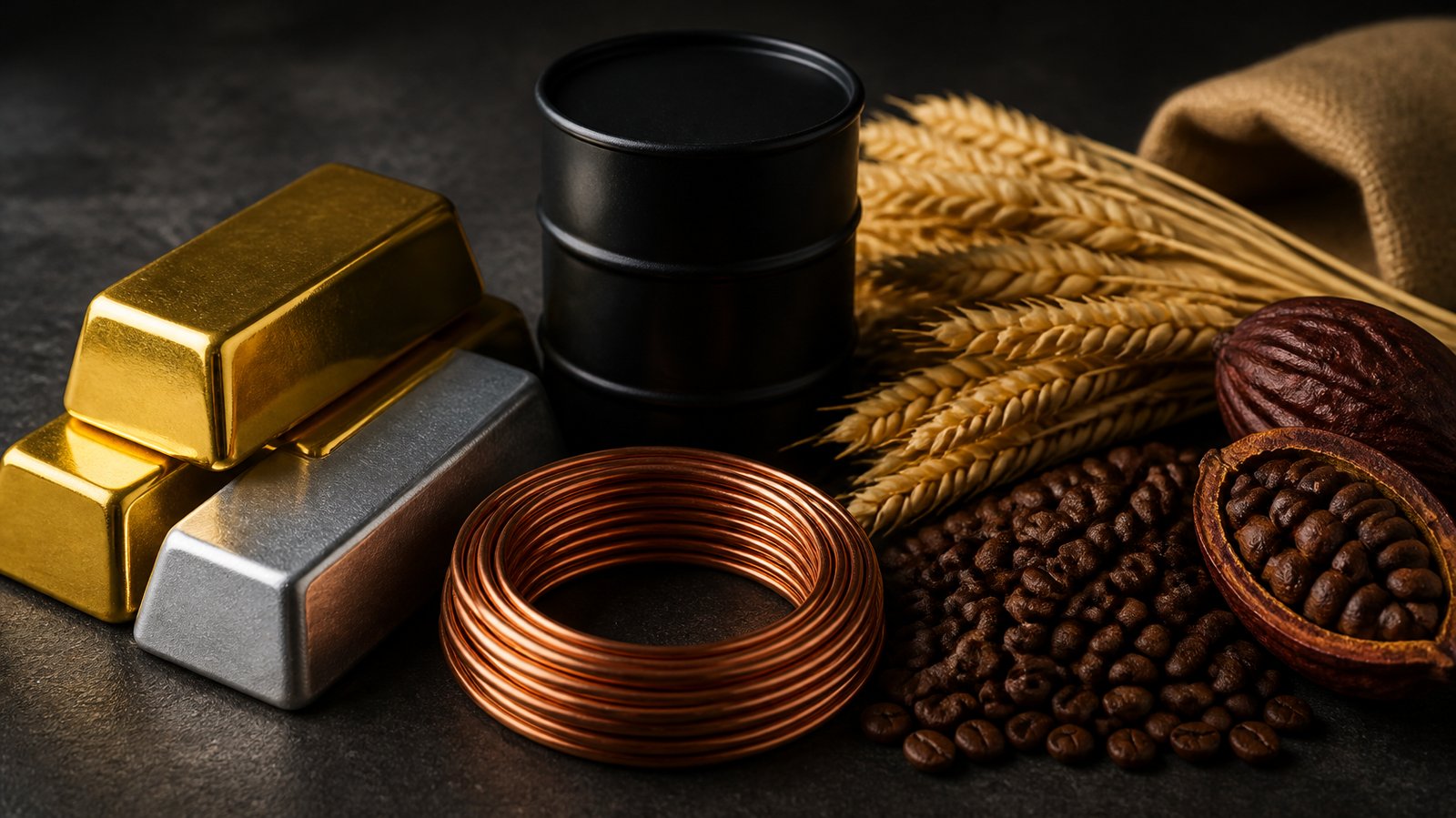 Guld- och silvertackor, kopparspole, oljefat, vete, kaffebönor och kakaofrukter på en mörk yta